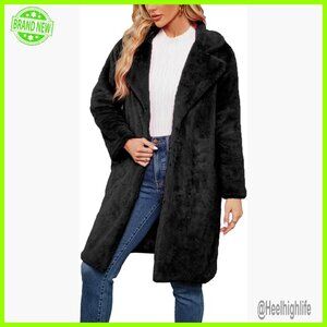 Long Faux Fur Coat with Lapel Collar and Pockets for Winter